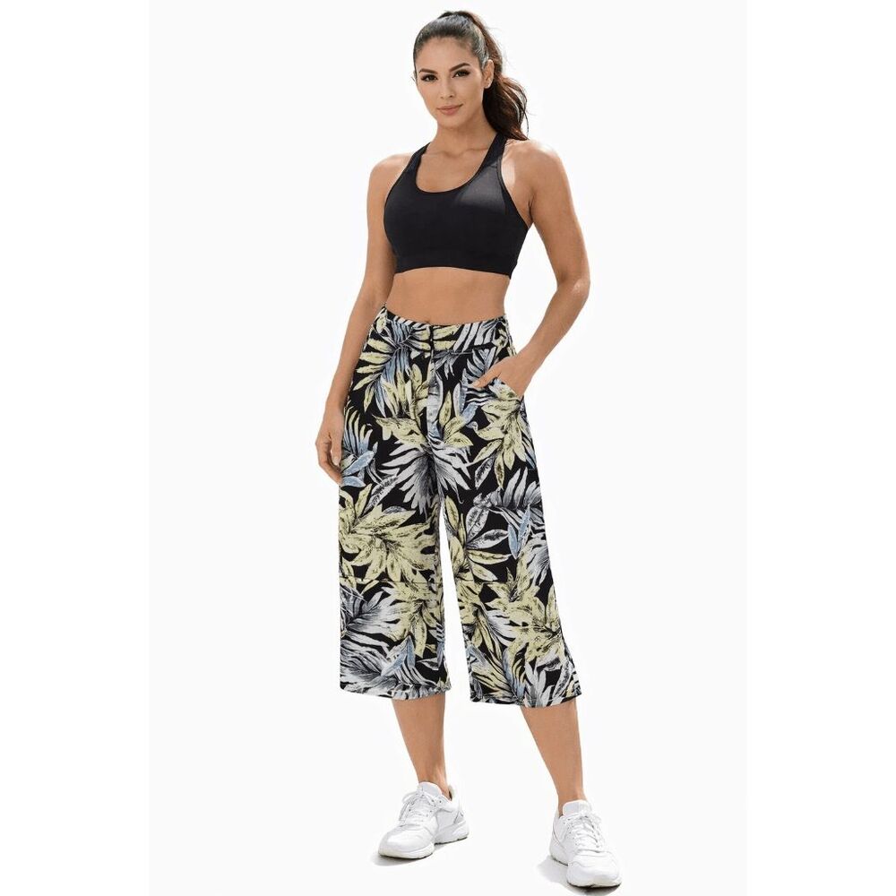 Unique Vintage Black & palm print wide leg Crop pants S